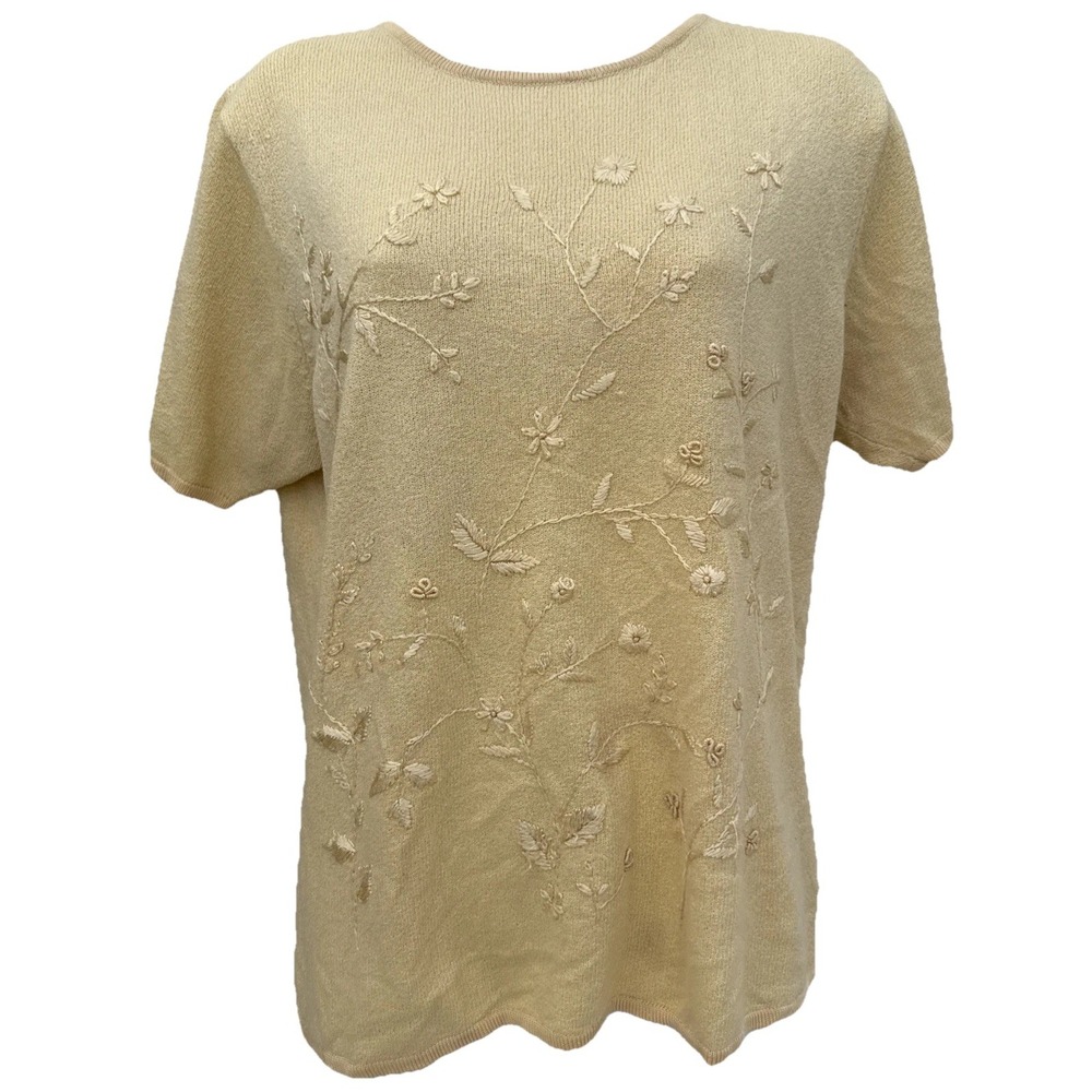 Stephanie Rogers Butter Yellow‎ Floral Embroidered Short Sleeve Sweater Sz XL